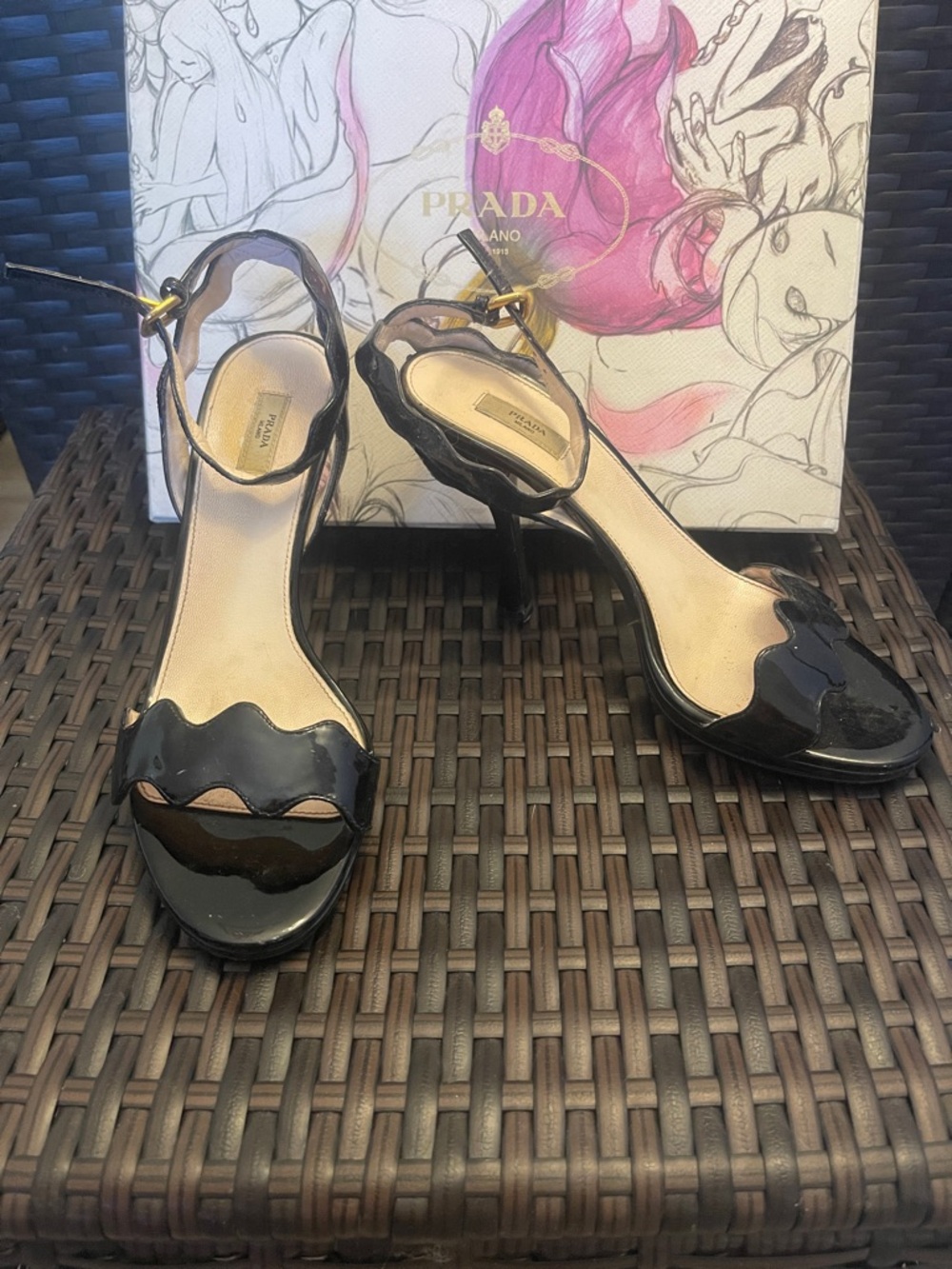 Prada Black Patent Scalloped Open-Toe Ankle-Strap Heels